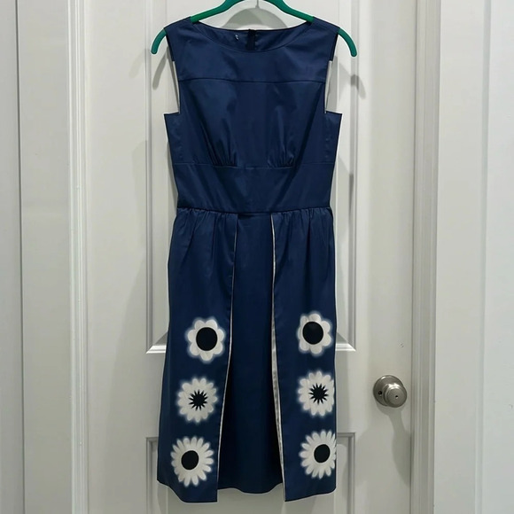 Prada Navy Mod Motif Midi Pleat Front Sleeveless Dress Sz 38 US 0 - Picture 1 of 11